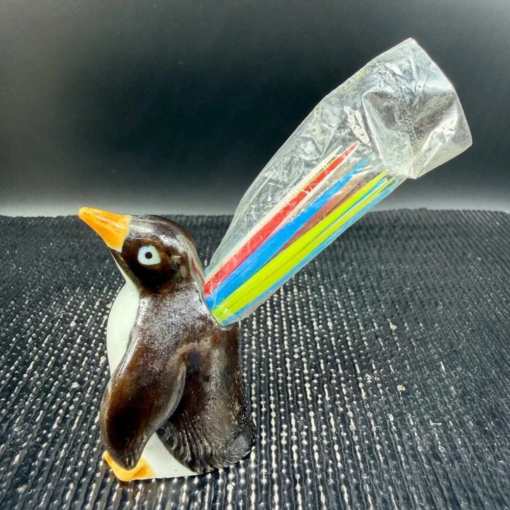 Vintage‎ Ceramic Penguin Toothpick Holder with Colorful Cocktail Picks 2 Inch
